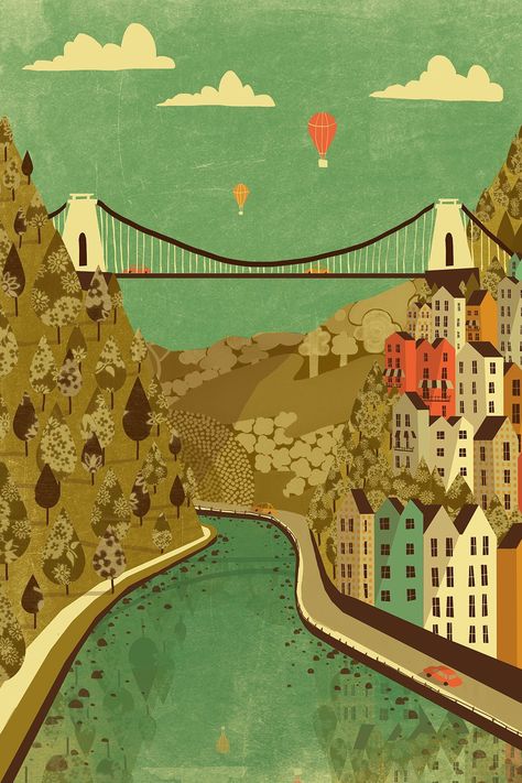 Bristol Clifton Suspesnion Bridge Art Print by Emy Lou Holmes Transport yourself to the famous Clifton Suspension Bridge with this illustration print. This art print features the iconic bridge over the River Avon with the houses of Clifton overlooking the river. The perfect gift for a Bristol lover. Prints and cards available at https://emylouholmes.com/ Lilly Painting, Clifton Bridge, House Bridge, Bridge Illustration, Balloon Drawing, Bridge Tattoo, Garage Room, Bridge Card, Wood Postcard