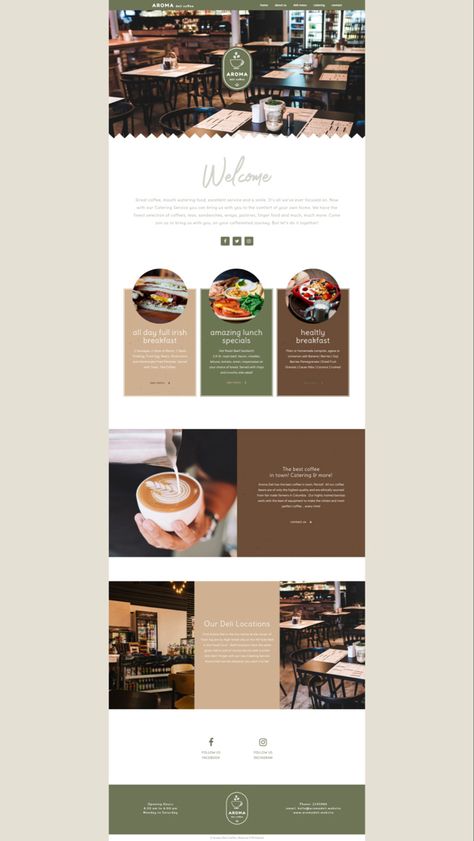 Aroma Deli website design for a coffee shop they want a warm, earthy, organic design! #logo #brandingdesign #brandingboard #brandingdesign #coffeedesign #moderndesign #graphicdesigninspiration #graphicdesignlogo #graphicillustration #webdesign #coffeebranding Website Design For Coffee Shop, Eye Catching Website Design, Website Design Coffee Shop, Onepage Website Design, Website Home Page Design Layout, Website Design Inspiration Restaurant, Coffee Shop Website Design Inspiration, Cafe Website Design Layout, Website Menu Design Ideas