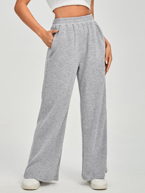 Light Grey    Polyester Plain Straight Leg Embellished Slight Stretch Spring/Summer/Fall Women Bottoms Straight Legged Sweatpants, Cute Trousers, Wide Leg Trousers Outfit, Color Plomo, Cute Sweatpants, Outfits Con Jeans, Flower Pants, Grey Yoga Pants, Wide Leg Sweatpants