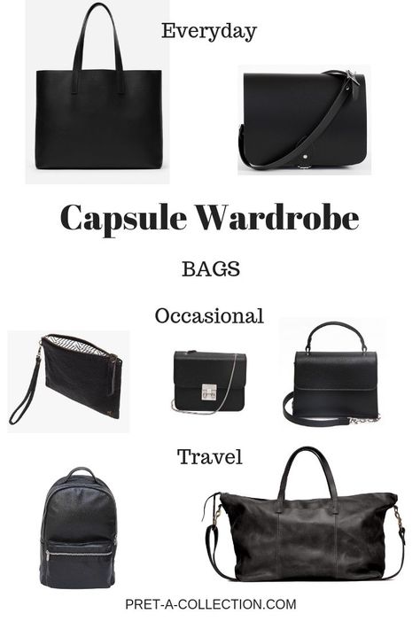 Basic Bags Capsule Wardrobe, Capsule Bags Wardrobe, Bags Capsule Wardrobe, Handbag Capsule Wardrobe, Purse Capsule Wardrobe, All Black Wardrobe Closet, Capsule Wardrobe Bags, Capsule Bag Collection, Handbag Capsule