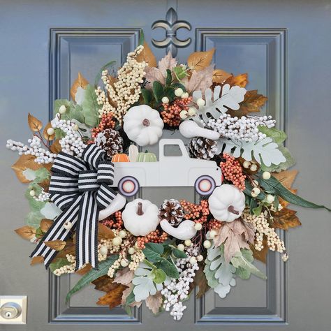 PRICES MAY VARY. 1.🍁【UNIQUE DESIGN】 Vofuly only make special things. This harvest wreath features grapevine base with many kinds of fall leaves decorated with mature orange cherries ,white pumpkins,pinecones and a touch of greenery.The sign of "truck" carring pumkins in center and also the strips bow additionally make the whole wreath look atmospheric and particularly delicate.Such Unique and Special wreath make your neighbors and your friends full of praise for your home! ~😍 2.🍁【SUITABLE SIZ Harvest Porches, Farmhouse Fall Wreath, Fall Wreath For Front Door, Harvest Wreath, Harvest Thanksgiving, Pumpkin Truck, Door Wreaths Fall, Berry Wreath, Farmhouse Decoration