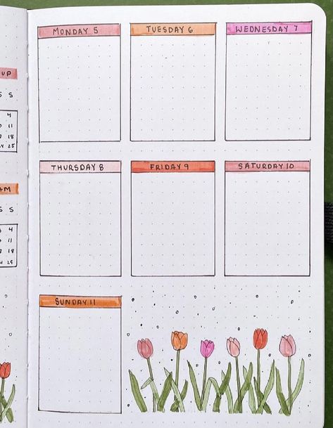 May Bullet Journal Weekly Spread, Tulip Bujo Theme, Spring Bujo, Spring Bullet Journal, April Bujo, Daily Bullet Journal, April Bullet Journal, May Bullet Journal, Journal Inspiration Writing