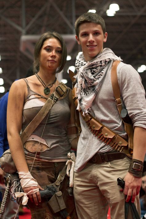 Lara Croft and Nathan Drake Lara Croft And Nathan Drake Costume, Nathan Drake Halloween Costume, Tomb Raider Couple Costume, Lara Croft Couple Costume, Nathan Drake Outfit, Nathan Drake Cosplay, Lara Croft And Nathan Drake, Lara Croft Kostüm, Nathan Drake Costume