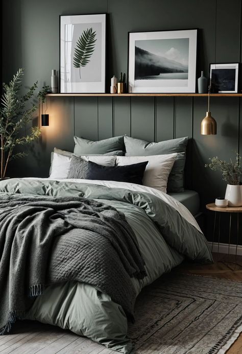 29 Sage Green and Grey Bedroom Ideas: Chic Decor 17 Sage And Charcoal Bedroom, Cozy Minimalist Bedroom Green, Sage Green And Charcoal Bedroom, Sage Feature Wall Bedroom, Sage Green Gray Bedroom, Calm Master Bedrooms Decor, Bedroom Sage Green Bedding, Sage And Grey Bedroom Ideas, Natural Colours Bedroom