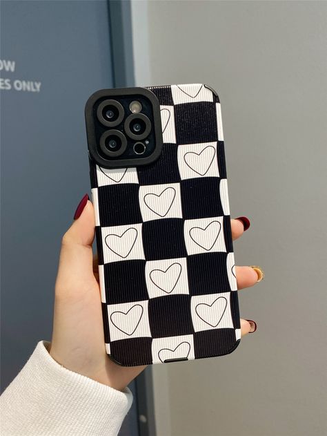 Black and White    TPU Heart Phone Cases Embellished   Phone/Pad Accessories Cute Phone Cover Drawings, New Mobile Cover Design, Phone Case Cover Painting, Painting On Black Phone Case Aesthetic, Iphone Cover Painting Ideas, Back Cover Design Mobile Diy, Phone Cases Black Aesthetic, Phone Case Ideas Black And White, Iphone Case Covers Design