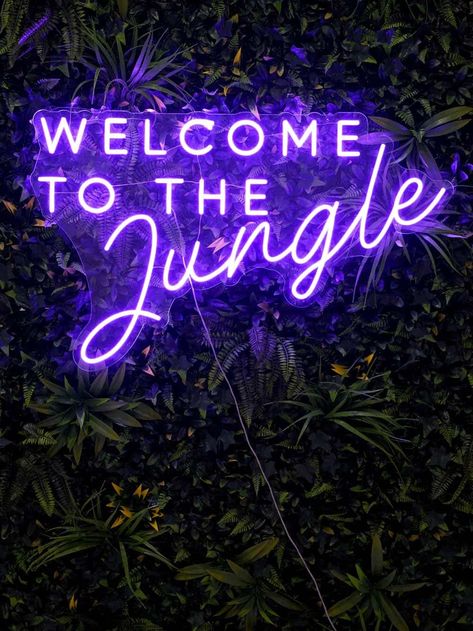 High quality Neon LED Sign - 'Welcome to the Jungle' available to hire. View Neon LED Sign - 'Welcome to the Jungle' details, dimensions and images. Jungle Fever Party, Welcome To The Jungle Theme Party, Jungle Vibes Aesthetic, Neon Jungle Aesthetic, Welcome To The Jungle Party, Welcome To The Jungle Theme, Jungle Aesthetic, Jungle Theme Decorations, Night Jungle