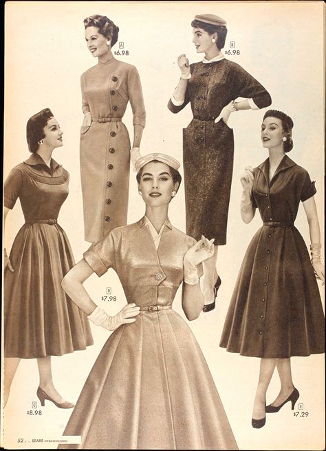 Sears & Roebuck Fall 1955 (must have hat and gloves when dressing up) Nancy Berg front and center Haute Couture, 1940s Winter Dress, 1964 Dress, 1950s Winter Fashion, Clybourne Park, Vintage Outfits Pants, Feminine Winter, Vintage Outfits Grunge, Outfits With Gloves