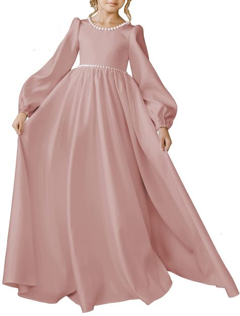 PRICES MAY VARY. Glossy Satin Imported Zipper closure Hand Wash Only 💖 【High Quality Fabrics】 Flower Girl Dress for Wedding are made of glossy satin, comfortable and skin-friendly, perfect for your litttle princess. 💖【Princess Style Design】 This Pageant Dresses for Girls features O-neck, Long sleeve, Lantern sleeve, Big swing, High waist, Beaded, Backless, a large satin Bow-knot on the back adds a touch of elegance and nobility to your princess. Perfect for toddler girls/ little girls/teen gir Dresses For Kids 9-10 Long, Satin Long Dress With Sleeves, Flower Girl Dresses For Teens, Kids Satin Dress, Girls Gown Design, Satin Dress For Kids, Elegant Satin Dresses, Girls Dresses Design, Fancy Dresses For Girls