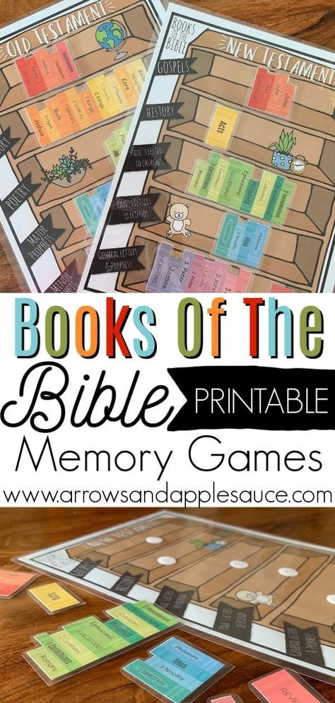 These fun printable will help your little ones (or even you!) learn the books of the Bible in no time! With the books organized by category, it's easy! #Bibleforkids #kidsBibleactivities #SundaySchoolGames #HomeschoolPrintables #learningathome #BooksoftheBible #ChristianParenting #oldTestament #newTestament Games To Learn New Testament Books, Books Of The Bible Printable Free Kids, Teaching The Books Of The Bible To Kids, Bible Bookcase Printable, Interactive Worship Ideas, Books Of The Bible Games For Kids, New Testament Books Of The Bible, Bible Basics For Kids, Books Of The Bible Bulletin Board