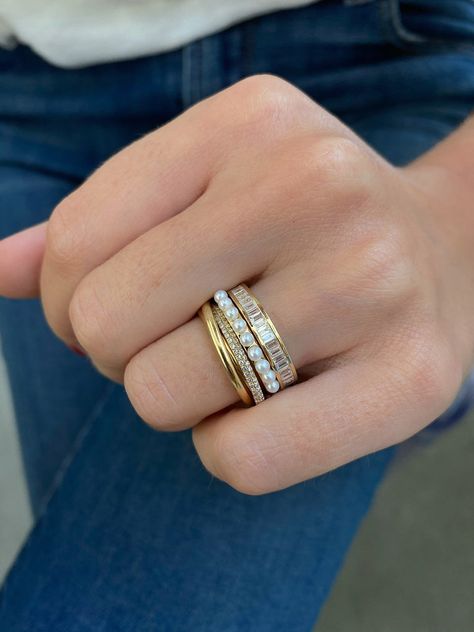 Stacked Wedding Bands, Stack Ring, Dope Jewelry, Jewelry Lookbook, Stacked Jewelry, Classy Jewelry, Fresh Water Pearls, Alternative Engagement Rings, Pearl Set