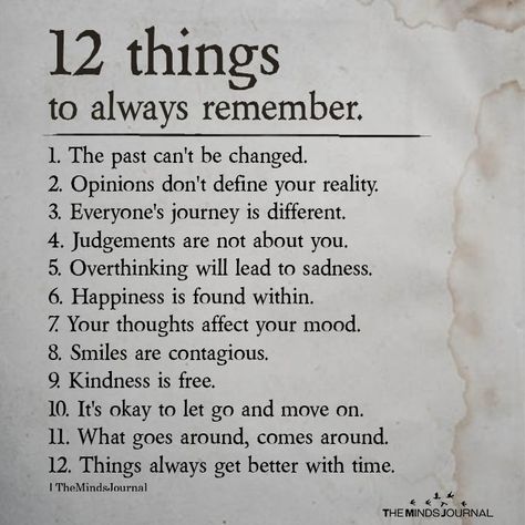 12 things to always remember 1. The past can't be changed. 2. Opinions don't define your reality. 3. Everyone's journey is different. Mistakes Dont Define You Quotes, Things To Always Remember, Citation Souvenir, خريطة ذهنية, Now Quotes, Inspirerende Ord, Remember Quotes, Vie Motivation, Motiverende Quotes