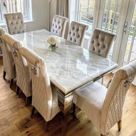 Beautiful dining table designs ideas White Marble Dining Table, Cream Dining Chairs, Dining Room Design Luxury, Chrome Dining Table, Cream Marble, Marble Dining Table, Decoracion Living, Marble Dining, Mirrored Furniture
