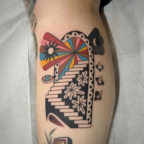 50 Trippy Tattoos That Are Out Of This World | 50 Trippy Tattoos Check Out These Very Fun Trippy Tattoos. Lifestyle Traditional Stairway Tattoo, Stairway Tattoo Traditional, Funky Traditional Tattoo, Color Only Tattoo, Tattoo Mcm, Trippy Tattoos For Women, Brownie Tattoo, Stairway Tattoo, Traditional Color Tattoo