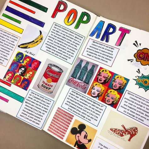 Miss A on Instagram: “Pop Art artist research page by one of my year 9 students. 💥🎨 Although presentation isn’t the main focus within my art lessons, I always…” Cool Art Portfolio Ideas, Croquis, Art Movement Research Page, Pop Art Sketchbook Page, Artist Information Page, Pop Art Title Page Gcse, About The Artist Page, Pop Art Examples, Artist Page Ideas