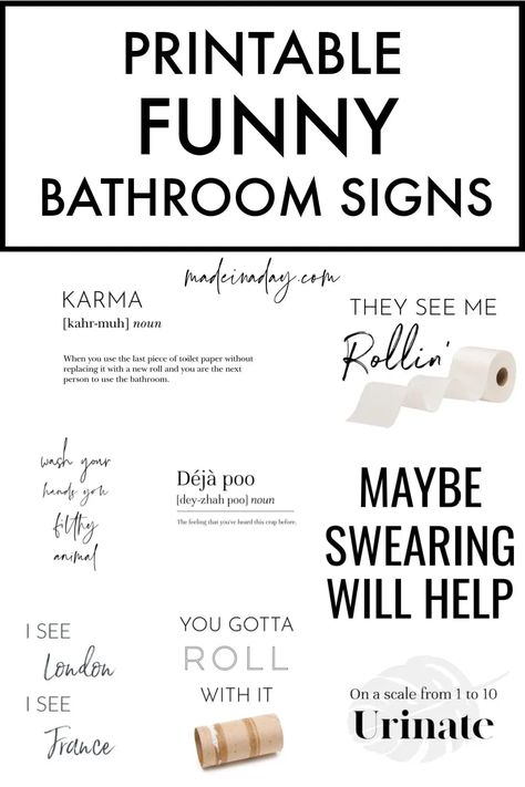 Trying to find the perfect sign to pull your bathroom decor together? Grab one from this collection of the most popular sayings. Just print and frame! hilarious bathroom signs, funny bathroom signs, Signs For Bathroom Funny, Funny Bathroom Decor Free Printable, Sayings For Bathroom Signs, Funny Bathroom Sayings, Bathroom Quotes Printable Free, Bathroom Art Funny, Bathroom Funny Quotes, Funny Bathroom Signs Printable Free, Bathroom Free Printables