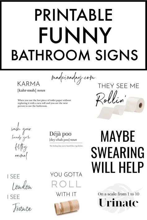 Trying to find the perfect sign to pull your bathroom decor together? Grab one from this collection of the most popular sayings. Just print and frame! hilarious bathroom signs, funny bathroom signs, Funny Bathroom Decor Free Printable, Signs For Bathroom Funny, Bathroom Signs Diy Printables, Sayings For Bathroom Signs, Funny Bathroom Sayings, Bathroom Quotes Printable Free, Bathroom Funny Quotes, Funny Bathroom Signs Printable Free, Bathroom Free Printables