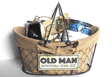 Creative "Try"als: Old Man Survival Tool Kit Survival Kits, Survival Tool Kit, Old Man Birthday, Birthday Survival Kit, Men Gift Basket, Baskets For Men, Gift Baskets For Men, Cadeau Diy, 70th Birthday Gifts