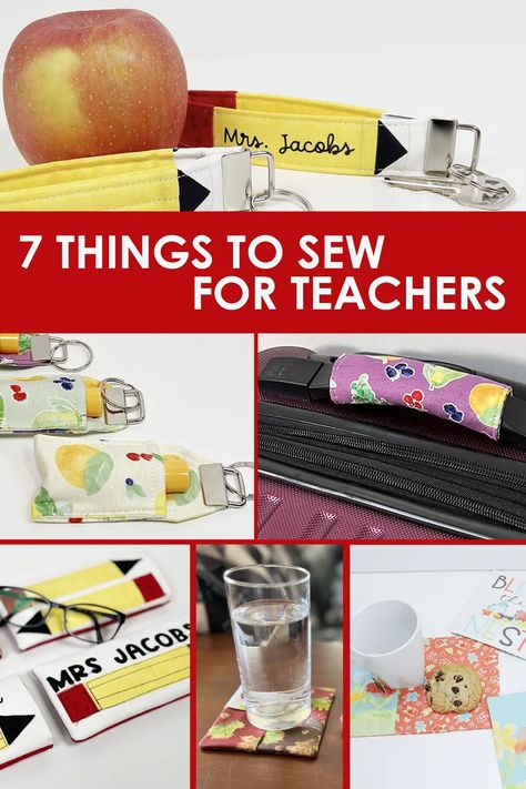 Looking for Teacher Appreciation Gift Ideas - here's a roundup of 7 things to sew for teachers with fabric scraps you have at home. Whether you're a crafting enthusiast or a beginner with a passion for DIY gifts, this roundup is tailored just for you. Join us as we explore seven thoughtful and practical sewing projects. Teacher Appreciation Gifts Sewing, Sewing Teacher Gifts Ideas, Sewing Projects For Teachers Gifts, Teacher Gifts To Sew, Cute Sewing Gifts, Sewn Teacher Gifts, Sewing Gifts For Teachers, Sewing Teacher Gifts, Teacher Appreciation Gift Ideas