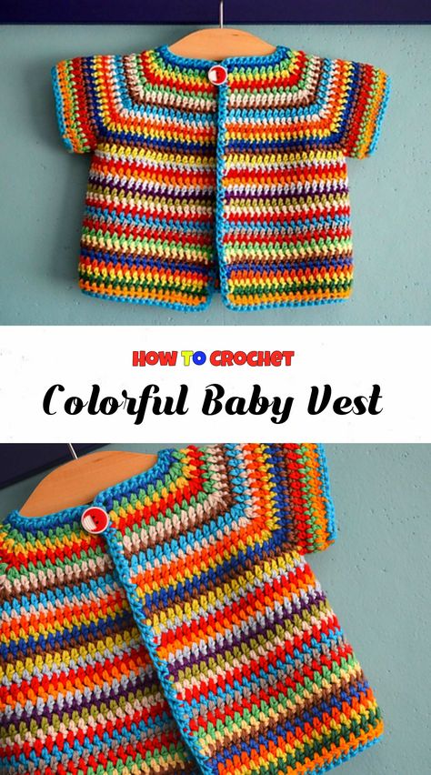Crochet Colorful Baby Vest Baby Gilet, Crochet Colorful, Crochet Baby Jacket, Crochet Baby Sweaters, Colorful Baby, Baby Sweater Patterns, Crochet Vest Pattern, Baby Jacke, Clothing Patterns Free