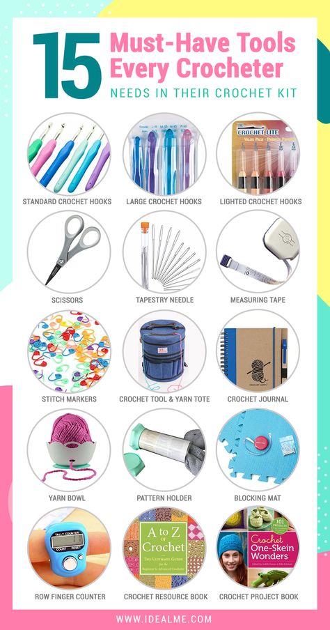 Here's 15 Must Have Tools Every Crocheter Needs. We’ve compiled a list of all the must-have tools that every crocheter should have in their crochet kit. See what crochet tools you need to add to your kit now. #idealme #15musthaves #crochetlove What Crochet Hook To Use, Crochet Clothes Knitting & Tools, Molde, Amigurumi Patterns, Beginners Crochet Supplies, Things Needed For Crocheting, Crochet Beginner Supplies, Basic Crochet Materials, Good Yarn For Crochet