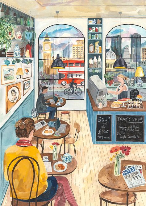 Illustrations - Miranda Sofroniou Animal Illustrations, Coffee Shop Illustration, Cafe Illustration, Best Cafe, 심플한 그림, London Cafe, Art Fantaisiste, Art Mignon, Reading Art