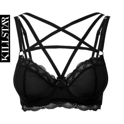 Killstar Gothic Alternative Sheer Lace Underwire Pentagram Straps Bra Sz S Goth Bras, Skull Bra, Perky Goth, Velvet Bra, Black Lace Bodysuit, Strappy Bralette, Strappy Bra, Lace Underwire, Lace Trims