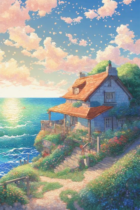 Pastel, Cottage Near The Sea, Cottage By The Sea Interior, Cottage By The Ocean, Seaside Cottage Aesthetic, Seaside Cottage Exterior, Cottage Aesthetic Interior, Summer Cottage Aesthetic, Sea Side Cottage