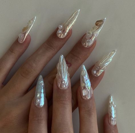 Mermaidcore Nails Aesthetic, Pisces Aesthetic Nails, Red Mermaid Nails, Siren Core Nails, Sirencore Nails, Mermaid Vibe Nails, Ocean Aesthetic Nails, Ethel Cain Nails, Siren Nails Aesthetic