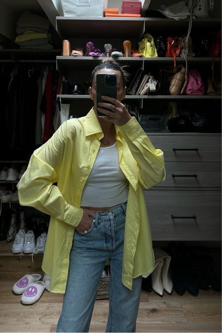 This Shop Tan Lines yellow button up shirt is my new favorite spring/summer item. I linked it along with this whole outfit on my LTK page. | outfit, style, looks, favorites, shirt, button up Lined Shirt Outfit, Yellow Button Down Outfit, Yellow Shirts Women, Yellow Shirt Outfit Aesthetic, How To Style Yellow Shirt, Yellow Shirt Outfit Women Casual, Yellow Button Up, Light Yellow Shirt Outfit, Yellow Long Sleeve Shirt Outfit