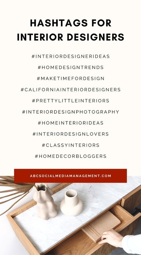 Looking for the best interior design Instagram hashtags? Here are 10 hashtags for interior designers. Use these Instagram hashtags to promote your interior design business on social media and grow your following, promote your work, and expand your reach on Instagram! Read the full post to learn how to use hashtags on Instagram and best practices for Instagram hashtags! Social Media Interior Post Design, Interior Design Social Media Posts, Interior Design Hashtags, Kitchen Cabinets Design Layout, Instagram Content Ideas, Instagram Design Creative, Interior Design Template, How To Use Hashtags, Interior Design Quotes