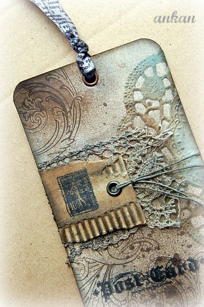 Atc Cards Ideas, Homemade Tags, Tim Holtz Tags, Artist Trading Card, Tim Holtz Cards, Mixed Media Crafts, Mixed Media Tags, Scrapbook Tag, Prima Marketing