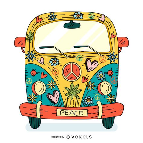 Colorful cartoon of a hippie bus (van) painted with flowers, hearts and peace symbols with Combi Hippie, Kombi Hippie, Van Hippie, Paz Hippie, Vans Stickers, Barbie Fairytopia, Vw Art, Posca Marker, Hippie Bus