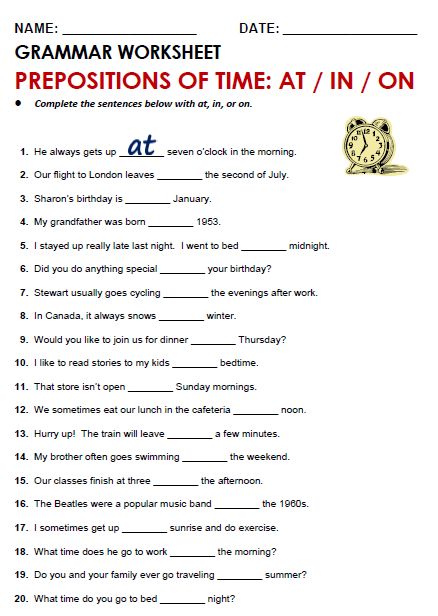 Prepositions Of Time, English Grammar Test, Preposition Worksheets, Tatabahasa Inggeris, English Prepositions, English Grammar Exercises, Grammar Quiz, Grammar Exercises, English Exercises