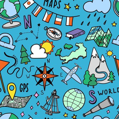 Travel background. Geography symbols seamless pattern in hand drawn doodle style. Tourism and adventure colorful icons. Vector illustration Geography Background, Geography Illustration, Travel Symbols, Colorful Icons, Travel Background, Doodle Style, Cartoon Character Design, Cartoon Character, Background Patterns