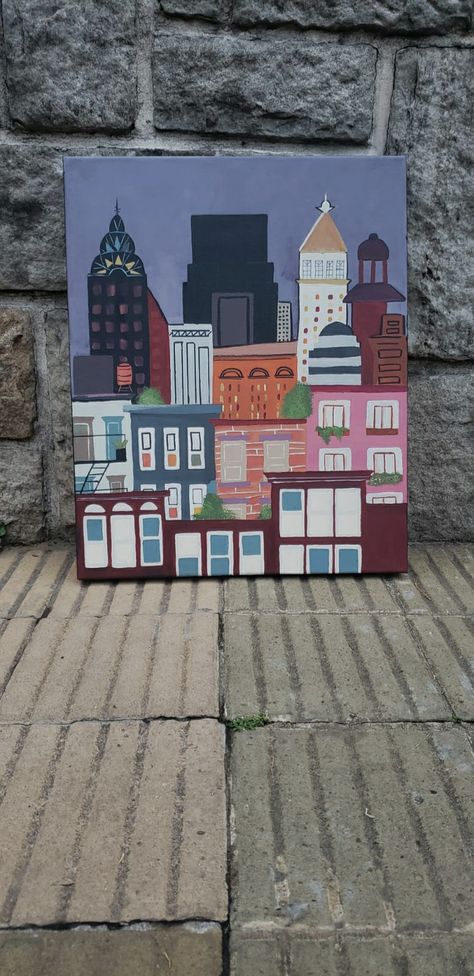 New York city painting. A creativity inspired in a Pinterest Pin How To Paint A City Skyline Easy Diy, City Skyline Painting Acrylic, Patchwork, Nyc Aesthetic Painting, Easy Building Painting, Easy Skyline Painting, Painted City Scape, Building Canvas Painting, New York Easy Painting