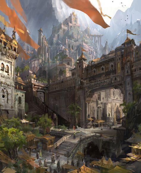 victorious city - high walled fortress in the mountains with banners RPG fantasy setting inspiration City Gates Fantasy Concept Art, Castle Gates Fantasy Art, Castle City Fantasy Art, Fantasy City Architecture, Fantasy Castle City, Dark Fantasy City, Fantasy Kingdom Cities, Fantasy City Concept Art, Fantasy Gate