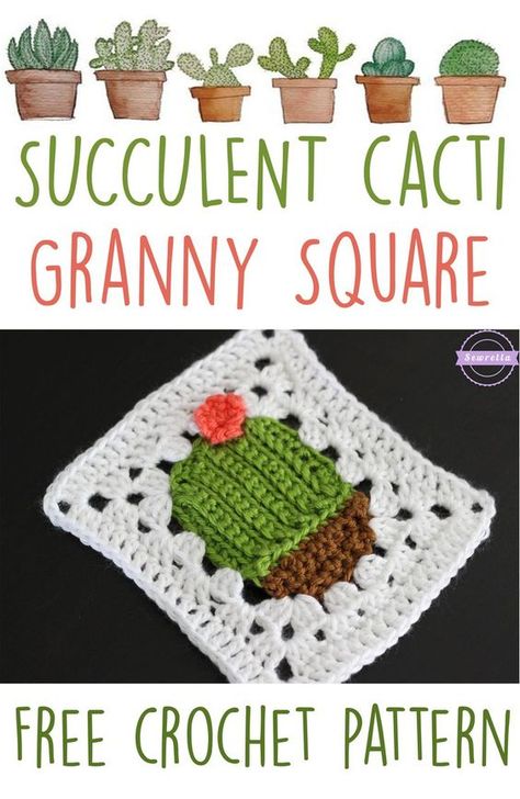 Cacti Crochet, Granny Square Häkelanleitung, Motifs Granny Square, Granny Square Quilt, Granny Square Crochet Patterns, Crochet Cactus, Crochet Patron, Pola Amigurumi, Crochet Blocks