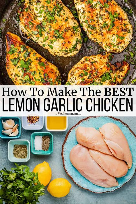 Lemon garlic chicken is juicy and flavorful thanks to a bold marinade. Learn how to pan-sear chicken with this easy lemon chicken recipe. Mediterranean Chicken Marinade, Lemon Garlic Chicken Marinade, Mediterranean Chicken Breast, Mediterranean Diet Chicken, Lemon Garlic Chicken Breast, Easy Lemon Chicken Recipe, Lemon Chicken Breast Recipes, Lemon Chicken Marinade, Garlic Chicken Marinade
