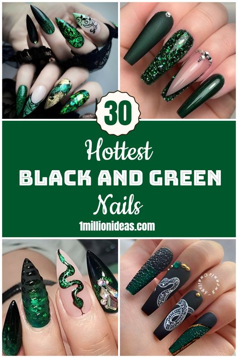 30 Hottest Black And Green Nails Dark Green Nails With Black Design, Witch Nails Stilettos, Dark Green Goth Nails, Black And Green Acrylic Nails Designs, Green Witch Nails Designs, Dark Green Witchy Nails, Emerald Green Halloween Nails, Witch Nails Acrylic Short, Witchy Green Nails