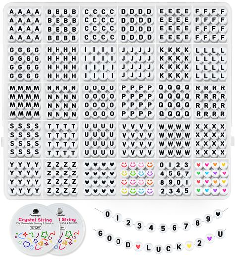 PRICES MAY VARY. 【Quantity and Style】A total of 1520 beads. Vowel letters (AEIOU) 60 each while other alphabet beads are 50 each. 80 for number beads, colorful smile beads, black and colorful heart beads are total 90 pcs. 1 roll elastic string and 1 roll cristal string are also contained. All of these helping you DIY a unique jewelry. 【Creativity DIY Design】Dowsabel white round letter beads set can make all kinds of DIY handicrafts. It can perfectly combine with clay beads, pony beads and colorful beads, widely used in jewelry making, name bracelets, necklaces, keychains, other decoration, accessories, wedding crafts, stage dresses and etc. These letter beads will add new creativity to your design. 【High-quality Material】 Our alphabet beads are made of acrylic with smooth surface and exqui Friendship Bracelet Kit, Beads For Bracelets, Number Beads, Making Friendship Bracelets, Alphabet Beads, Bracelet Kits, Letter Beads, Wedding Crafts, Name Bracelet