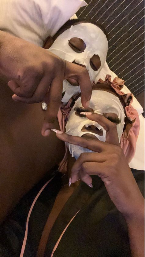 Face Mask Black Couples, Skincare Couple Goals, Healthy Relationship Aesthetic Black People, Soft Love Aesthetics Black Couple, Date Night Astetic Black Couple, Black Dates Pictures, Date Night Vision Board Pictures, Movie Dates Black Couple, Black Couple Skincare