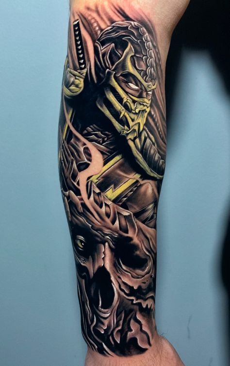 Forearm tattoo with skull and Sub Zero ninja from Mortal Kombat game.  #tattoo #tattoos #forearm #forearmtattoo #skull #ninja #mortalkombat #subzero #tats #tattoolover Tattoo With Skull, Half Sleeve Tattoo Template, Predator Tattoo, Ninja Tattoo, Mortal Kombat Tattoo, Game Tattoo, Robot Tattoo, Viking Warrior Tattoos, Sub Zero Mortal Kombat