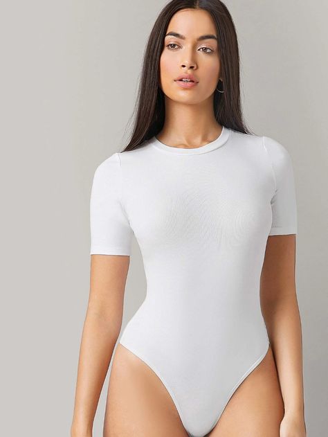 SHEIN BASICS Solid Form Fitted Bodysuit | SHEIN USA Shein Basics, Ribbed Knit Bodysuit, Halter Bodysuit, Body Suit Outfits, V Neck Bodysuit, Plain Tees, Knit Bodysuit, White Bodysuit, Womens Bodysuit