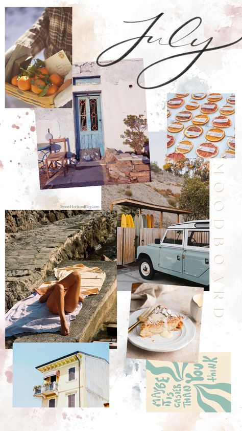 July 2022 Moodboard Sweet Horizon Studio Blog Luxury Travel Mood Board, July Mood Boards Aesthetic, Color Palette Feminine, July Mood Board, Feminine Colors, 30 Day Yoga Challenge, Random Products, Handlettering Calligraphy, Positive Quotes Wallpaper