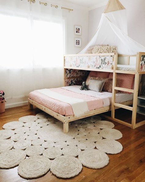 Montessori Sister Bedroom, Kura Bed With Full Bed Under, Ikea Kura Loft Bed, Kura Bed Hack, Kura Hack, Ikea Kura Hack, Girls Shared Room, Shared Girls Room, Ikea Kura Bed