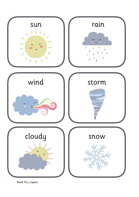 Weather Flashcards - Free Teaching Resources - Print Play Learn   Weather Flashcards  An A4 portrait PDF page showing 6 different weather pictures; sun, wind, storm, cloudy, cold and rain. Look out for the other weather resources  Early Years (EYFS) and Primary School Printable learning resources for the classroom and home.  Print Play Learn Learning Weather, Weather Flashcards, Weather For Kids, Weather Activities Preschool, Teaching Weather, Materi Bahasa Inggris, Preschool Weather, Weather Cards, Maluchy Montessori