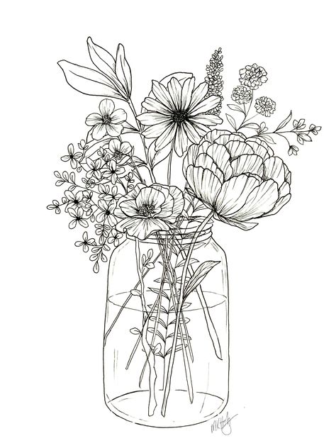 Flower Arrangement Drawing, Drawings Printable, Fargelegging For Barn, Illustration Blume, Printable Flower, Flowers Printable, Flower Line Drawings, صفحات التلوين, Flowers Drawing