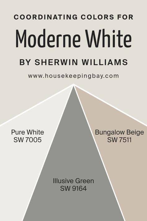 Coordinating Colors of Moderne White SW 6168 by Sherwin Williams Bungalow Beige, Illusive Green, Pairing Colors, Origami White, Husband Office, Exterior House Paint Color Combinations, White Fireplace, Modern Bungalow, House Paint Exterior