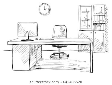 Industrial Style Office Furniture, Furniture Vector Illustration, Sketch Office, Office Sketch, Room Sketch, Library Drawing, Table Sketch, Drawing Furniture, Retail Store Interior Design