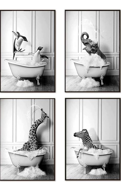 Vintage Bath Art, Black And White Wall Art For Bathroom, Bathroom Portraits Ideas, Bathroom Animal Art, Paintings In Bathroom, Black And White Bathroom Decor Wall Art, Funny Animal Bathroom Art, Black And White Pictures For Bathroom, Painting For Bathroom Art